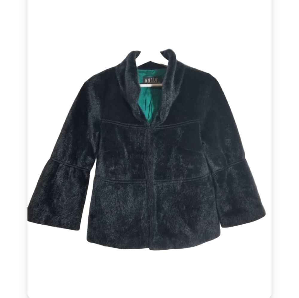Wanko Dark Green Faux Fur Flare Sleeve Jacket Coat Shiny Metallic Thread Small